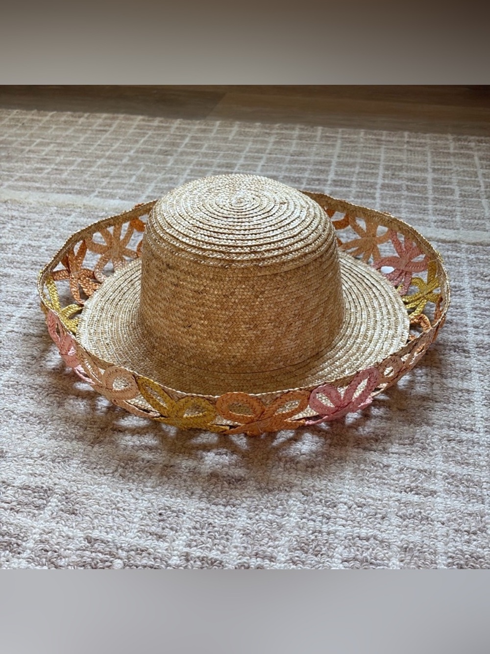 Anthropologie Straw Sun Hat with Pink and Yellow Trim - Picture 2 of 4